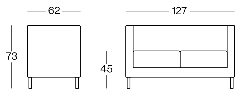 Sch&eacute;ma du canap&eacute; Velino 2 places, cotes : largeur 127 cm, profondeur 62 cm, hauteur 73 cm, assise 45 cm
