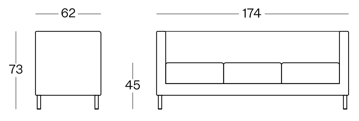 Sch&eacute;ma du canap&eacute; Velino 3 places, cotes : largeur 174 cm, profondeur 62 cm, hauteur 73 cm, assise 45 cm