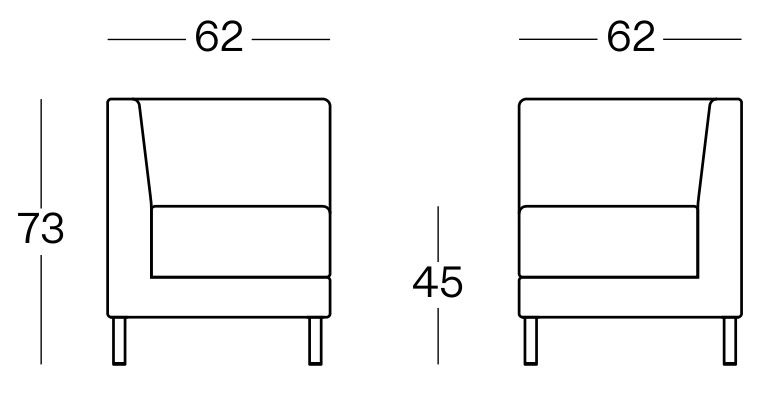 Sch&eacute;ma du module d'angle Velino, cotes : largeur 62 cm, profondeur 62 cm, hauteur 73 cm, assise 45 cm