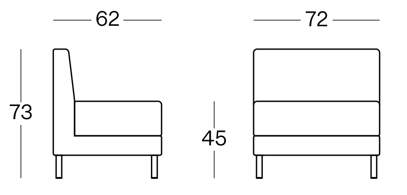 Sch&eacute;ma du module central Velino, cotes : largeur 72 cm, profondeur 62 cm, hauteur 73 cm, assise 45 cm
