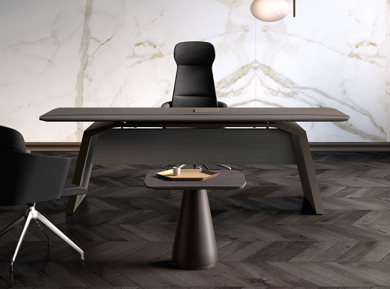 Bureau de direction Vettore à plateau noir avec table basse, ambiance marbre