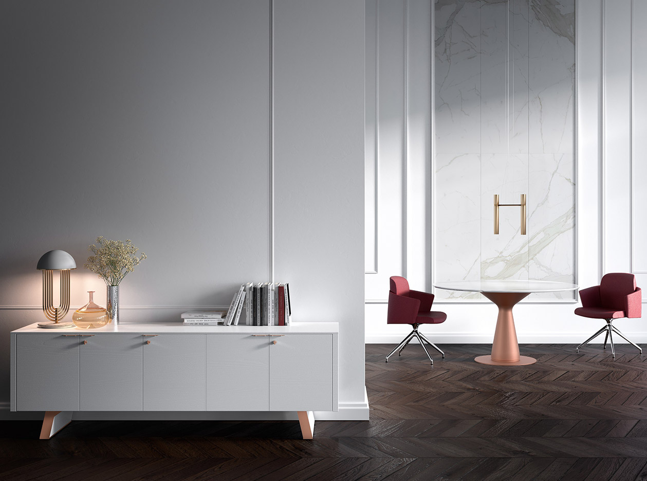 Enfilade Vettore blanche et fauteuils rouges dans une ambiance marbre