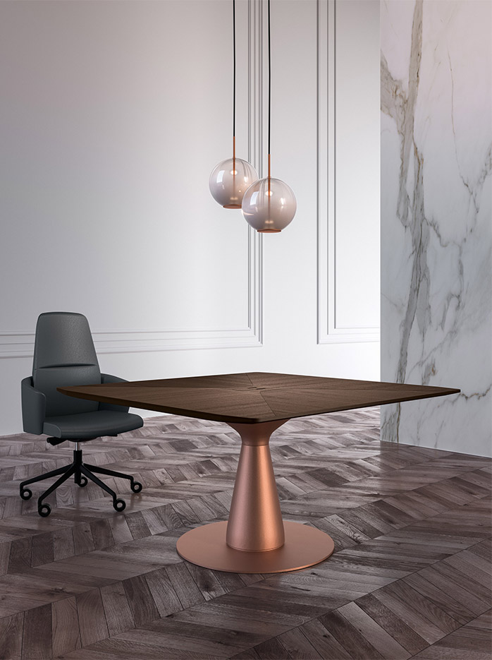 Table Vettore à plateau bois et piétement central cuivre