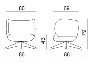 Schéma du fauteuil lounge Villarino sur piétement étoile pivotant, largeur 80 cm, hauteur 79 cm, assise 43 cm