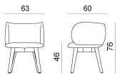 Schéma du fauteuil Villarino sur 4 pieds bois, largeur 63 cm, hauteur 76 cm, assise 46 cm