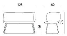 Schéma du canapé Villarino sur piétement luge, largeur 125 cm, hauteur 76 cm, assise 46 cm