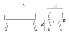 Schéma du canapé Villarino sur 4 pieds bois, largeur 125 cm, hauteur 76 cm, assise 46 cm