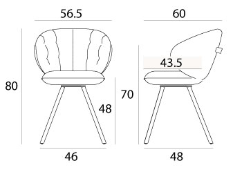 Sch&eacute;ma de la chaise Vollaton rembourr&eacute;e sur 4 pieds bois, largeur 56,5 cm, hauteur 80 cm, assise 48 cm