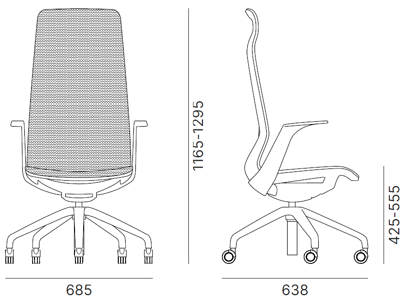 Schéma du siège Zora à dossier résille haut, hauteur 116,5-129,5 cm, assise 42,5-55,5 cm