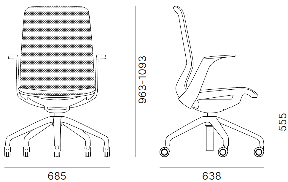 Schéma du siège Zora à dossier résille moyen, hauteur 96,3-109,3 cm, assise 55,5 cm